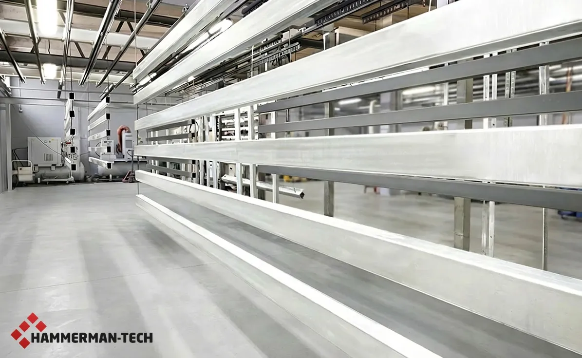 Produktionshalle mit aufgehängten, silbernen Metallprofilen an einer Beschichtungsanlage