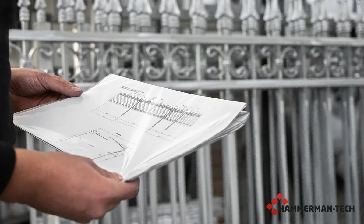 Person hält Bauzeichnung in der Hand vor einem verzinkten Metallzaun in der Produktion