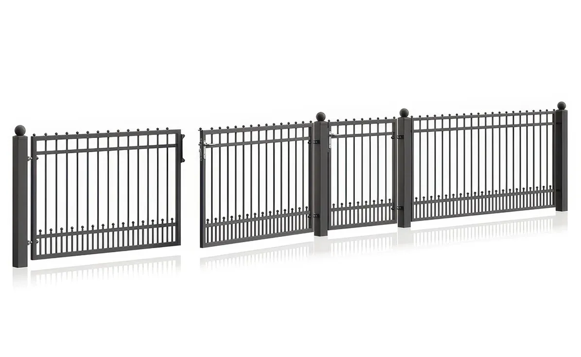 Metallzaunfelder mit senkrechten Stäben, dekorativen Spitzen und Zaunpfosten – hochwertiger Grundstückszaun aus dem Bereich Zaunbau Polen